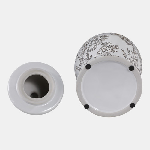 22531-01#14x7" Cherry Blossom Temple Jar, White/ Brown