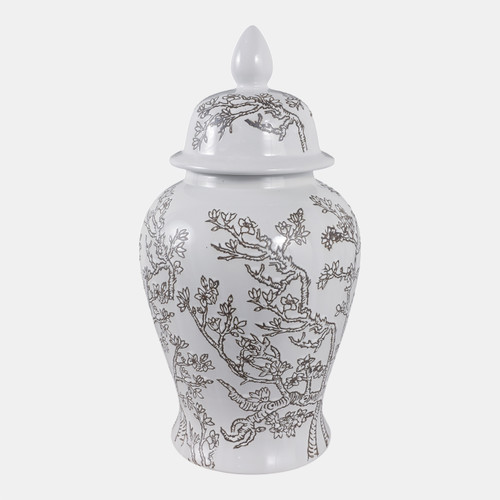22531-02#18x9" Cherry Blossom Temple Jar, White/ Brown