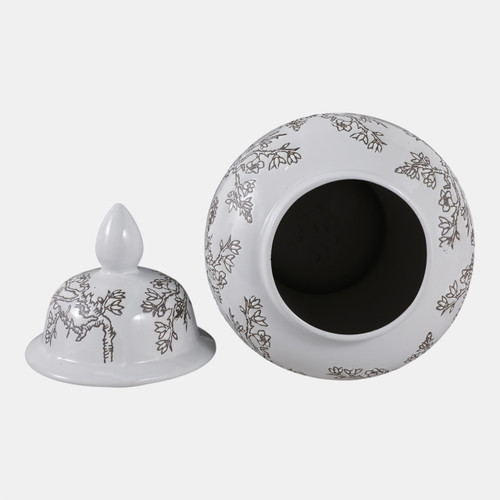 22531-02#18x9" Cherry Blossom Temple Jar, White/ Brown