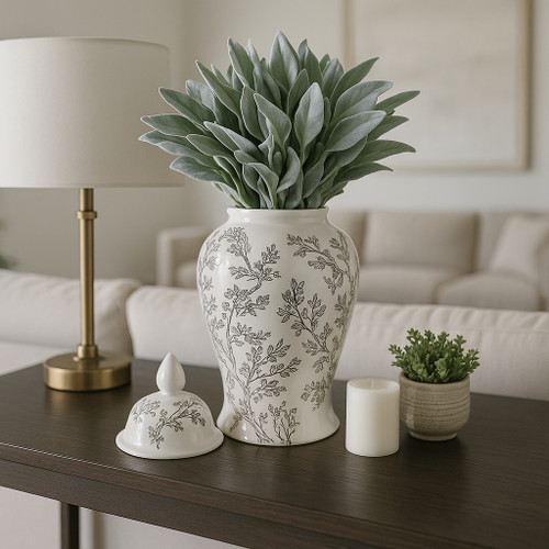 22531-02#18x9" Cherry Blossom Temple Jar, White/ Brown