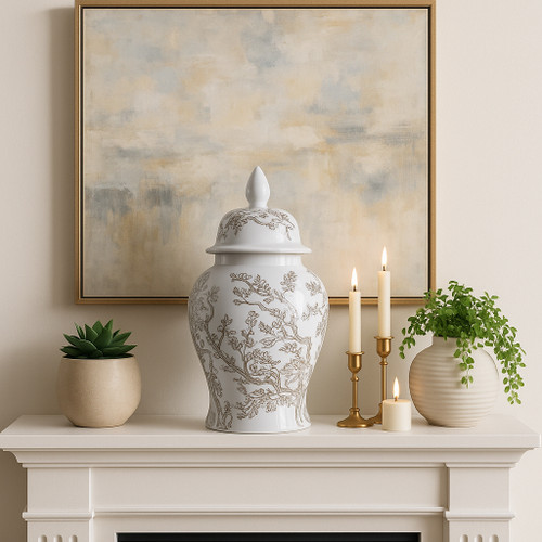 22531-02#18x9" Cherry Blossom Temple Jar, White/ Brown