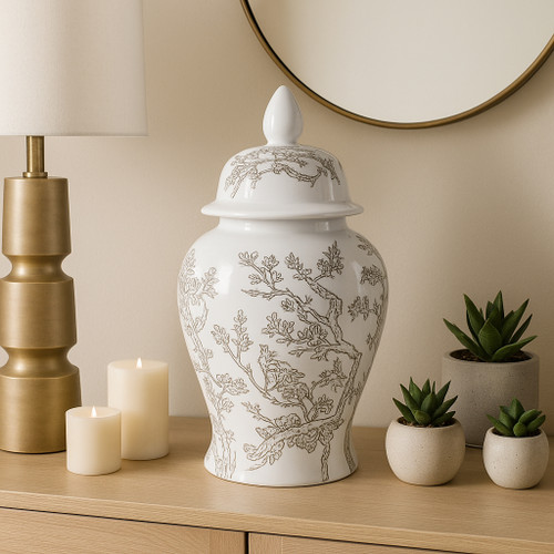 22531-02#18x9" Cherry Blossom Temple Jar, White/ Brown