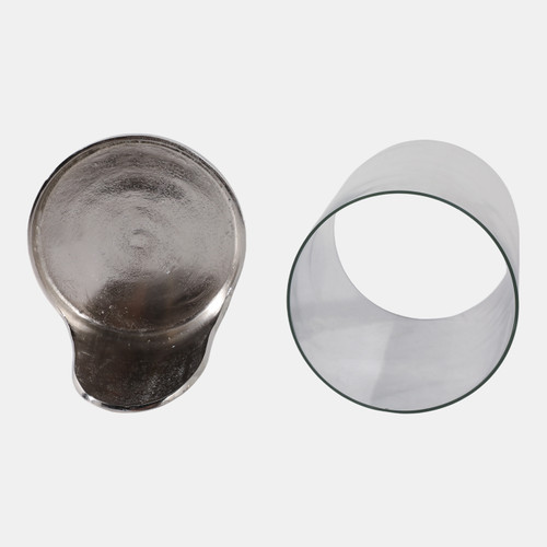 22486#8x7" Metal Base Hurricane Pillar Holder, Silver/ C