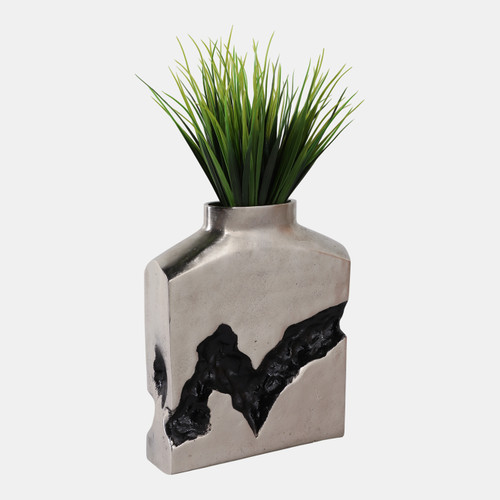 22518-01#10x8" Carved Middle Metal Vase, Silver/ Black
