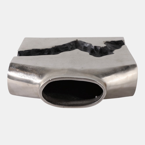 22518-01#10x8" Carved Middle Metal Vase, Silver/ Black
