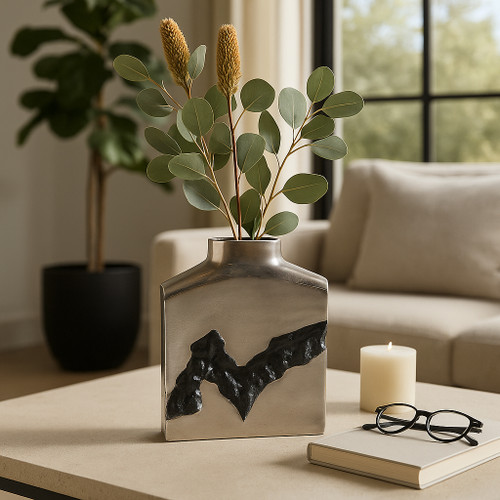 22518-01#10x8" Carved Middle Metal Vase, Silver/ Black