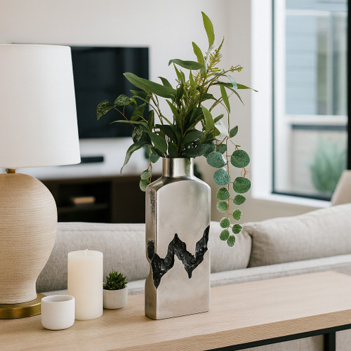 22518-02#16x6" Carved Middle Metal Vase, Silver/ Black