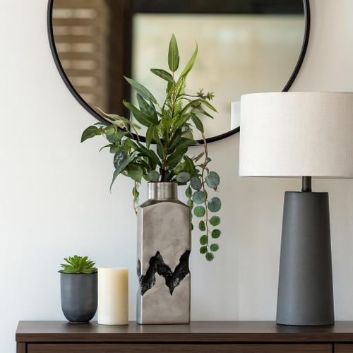 22518-02#16x6" Carved Middle Metal Vase, Silver/ Black