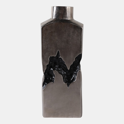 22518-03#20x7" Carved Middle Metal Vase, Silver/ Black