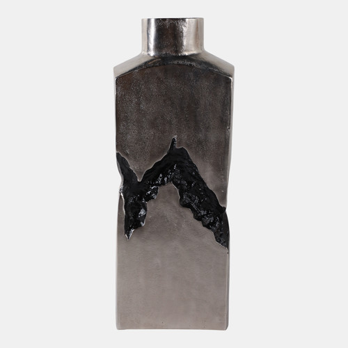 22518-03#20x7" Carved Middle Metal Vase, Silver/ Black