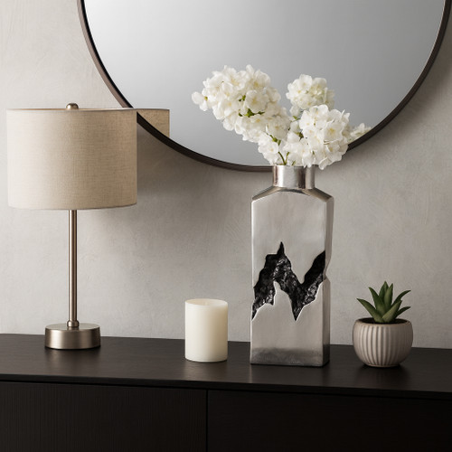 22518-03#20x7" Carved Middle Metal Vase, Silver/ Black