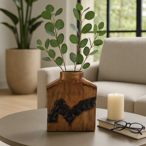 22518-04#10x8" Carved Middle Metal Vase, Gold/ Brown