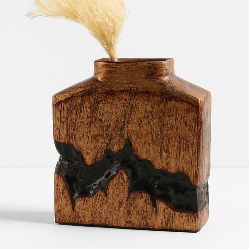 22518-04#10x8" Carved Middle Metal Vase, Gold/ Brown