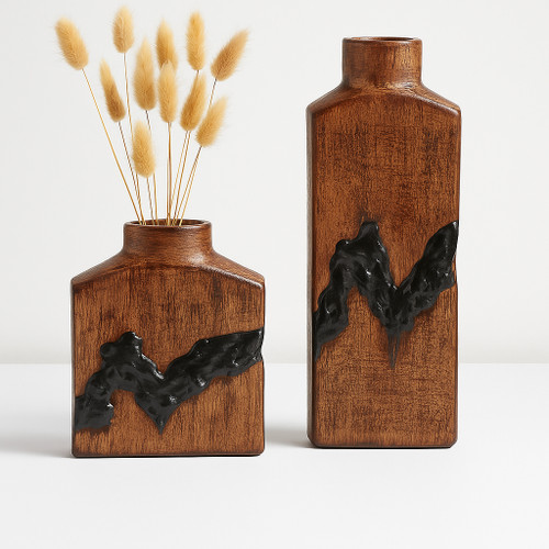 22518-04#10x8" Carved Middle Metal Vase, Gold/ Brown