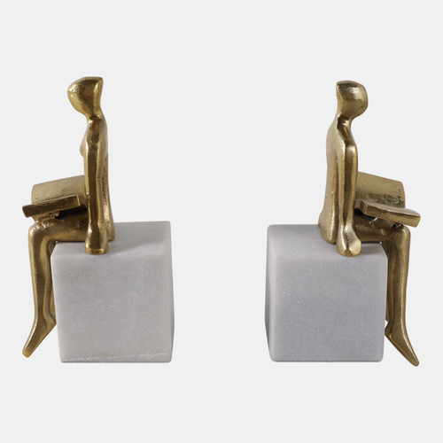 22533#S/2 8" Reading On Marble Stand Bookends, Gold/whit