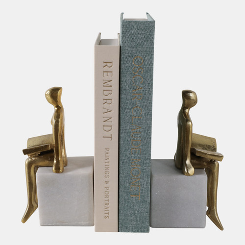 22533#S/2 8" Reading On Marble Stand Bookends, Gold/whit