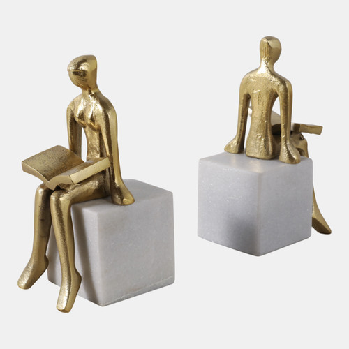 22533#S/2 8" Reading On Marble Stand Bookends, Gold/whit