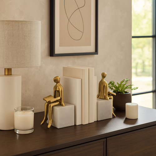 22533#S/2 8" Reading On Marble Stand Bookends, Gold/whit