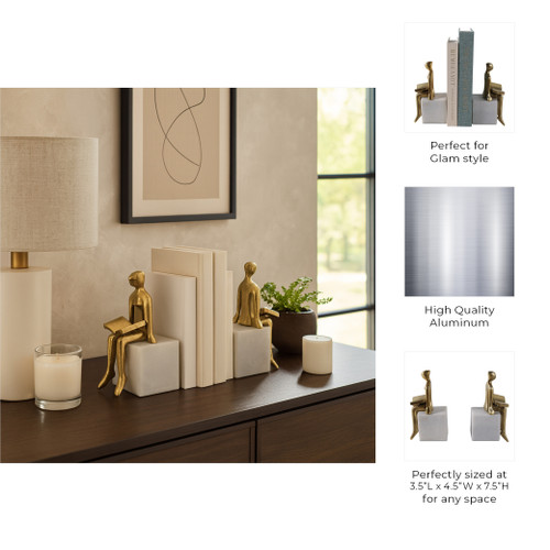 22533#S/2 8" Reading On Marble Stand Bookends, Gold/whit