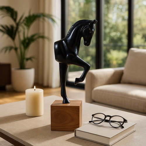 22534#12x4" Galloping Horse On Wood Stand, Black/ Brown