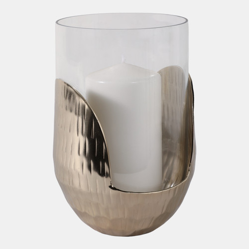 22542-01#8x5" Metal Base Hurricane Pillar Holder, Gold/ Cle