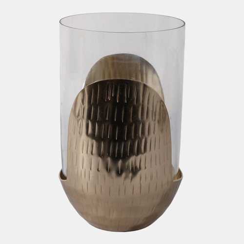 22542-02#10x7" Metal Base Hurricane Pillar Holder, Gold/ Cl