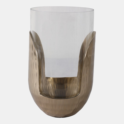 22542-02#10x7" Metal Base Hurricane Pillar Holder, Gold/ Cl