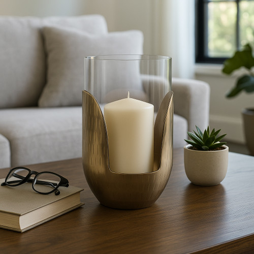 22542-02#10x7" Metal Base Hurricane Pillar Holder, Gold/ Cl