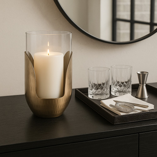 22542-02#10x7" Metal Base Hurricane Pillar Holder, Gold/ Cl