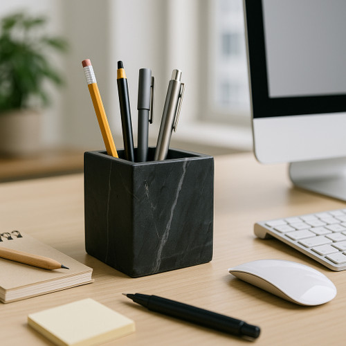 22545-02#4x4" Marble Pencil Cup, Black/white