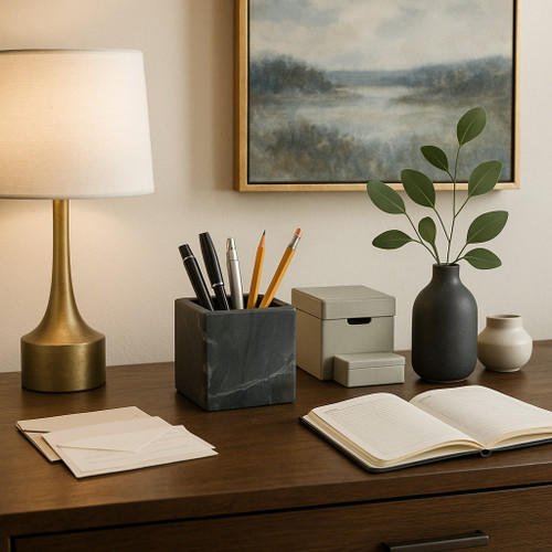 22545-02#4x4" Marble Pencil Cup, Black/white