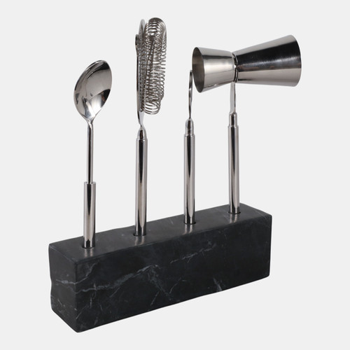 22555#10" 4 Piece Bar Utensil Set, Silver/ Black