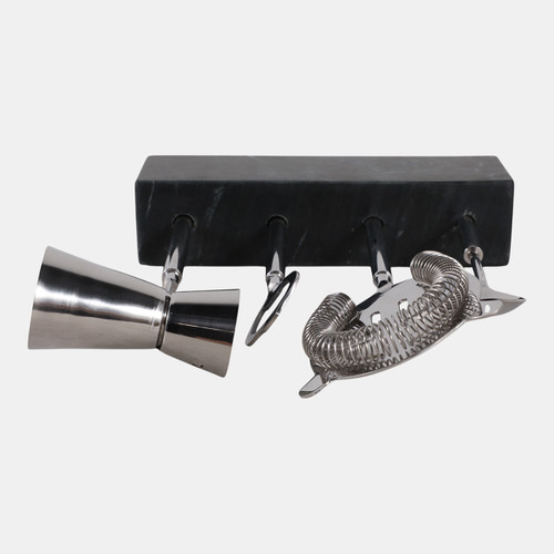 22555#10" 4 Piece Bar Utensil Set, Silver/ Black