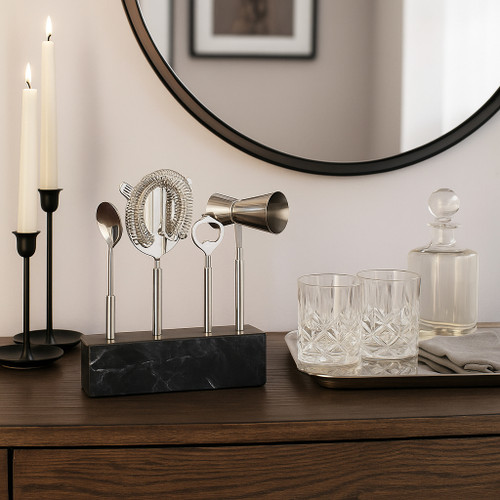 22555#10" 4 Piece Bar Utensil Set, Silver/ Black