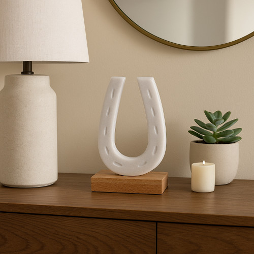22561#8x5" Marble Horseshoe On Wood Base, White/natural