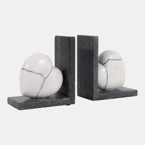 22567#S/2 6" Cracked Marble Heart Bookends, White/ Black