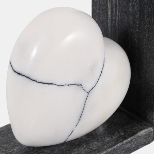 22567#S/2 6" Cracked Marble Heart Bookends, White/ Black