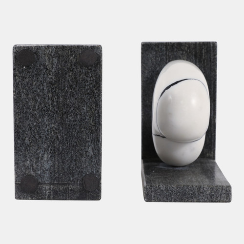 22567#S/2 6" Cracked Marble Heart Bookends, White/ Black