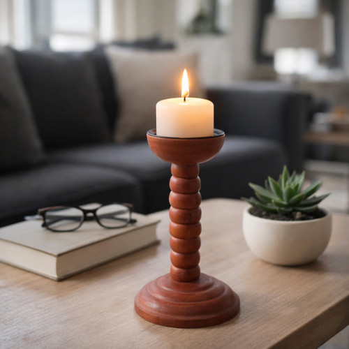 22572-01#10x5" Stacked Pillar & Taper Holder, Walnut