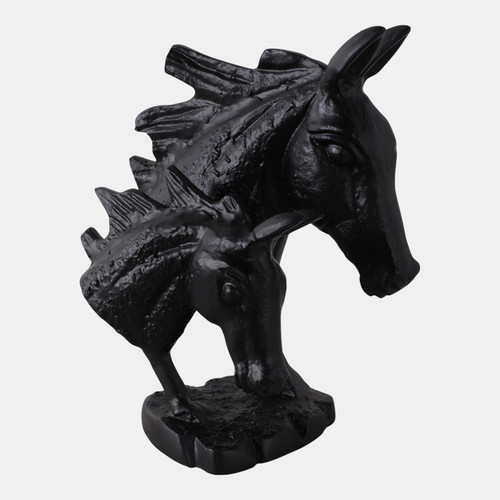 22626#13x9" Horse And Baby Horse Head Metal Figure, Blac