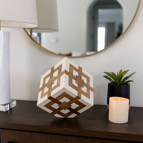 22659#4" Wood Inlay Resin Cube, Natural/ivory