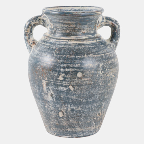 18251-05#Terracotta, 9" Vase With Handles, Blue/white