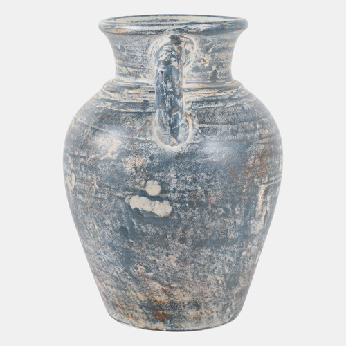 18251-05#Terracotta, 9" Vase With Handles, Blue/white