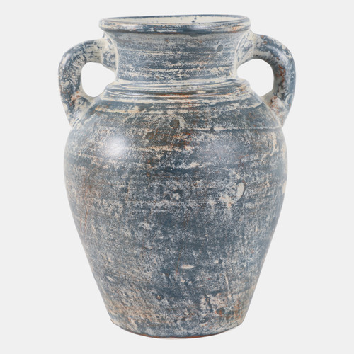 18251-05#Terracotta, 9" Vase With Handles, Blue/white