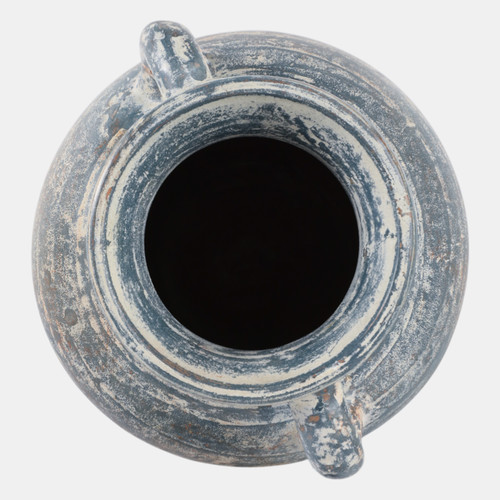 18251-05#Terracotta, 9" Vase With Handles, Blue/white