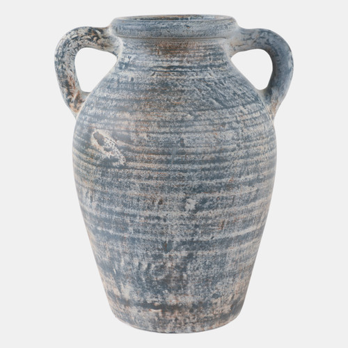 18251-07#Terracotta, 12" Vase With Handles, Blue/white