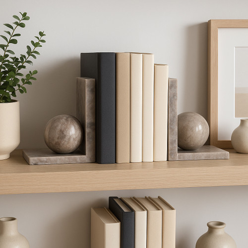 22778#S/2 6x6" Morchana Ball On Base Bookends, Tan