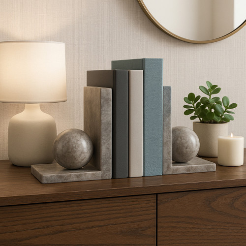 22778#S/2 6x6" Morchana Ball On Base Bookends, Tan