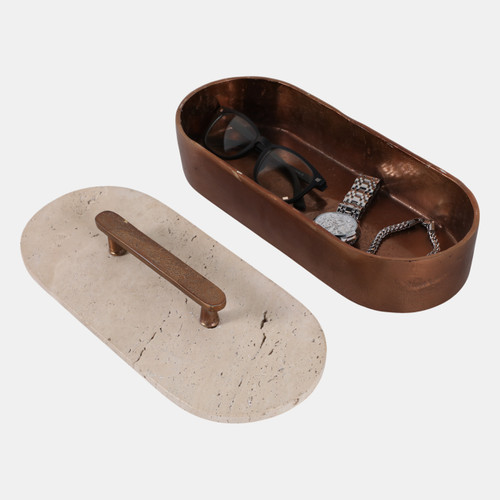 22779#12x6" Travertine & Antique Brass Oval Box, Tan/bro