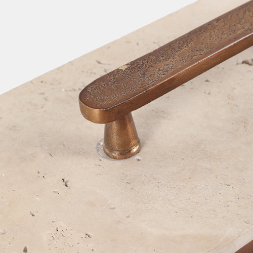 22779#12x6" Travertine & Antique Brass Oval Box, Tan/bro